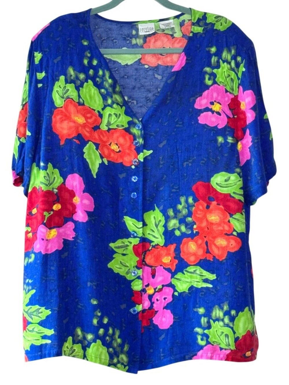 Vintage Carolina Colours Plus Floral Rayon Blouse Size 24W Blue Pink Red Tropica
